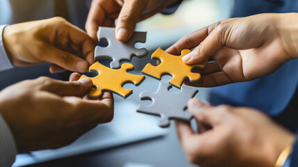Businesspeople putting together jigsaw puzzle pieces above the office desk, symbolizing teamwork amongst coworkers and colleagues. Partnership, connection and cooperation. Creative planning