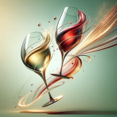 Deux verres de vin blanc et rouge en mouvement dans un style minimaliste et stylisé - obrazy, fototapety, plakaty
