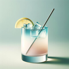 Cocktail bleu et rose pale avec rondelle de citron et paille argentée dans un style minimaliste et photoréaliste - obrazy, fototapety, plakaty