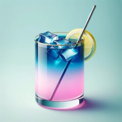 Cocktail bleu électrique et rose avec rondelle de citron et paille argentée dans un style minimaliste et photoréaliste - obrazy, fototapety, plakaty