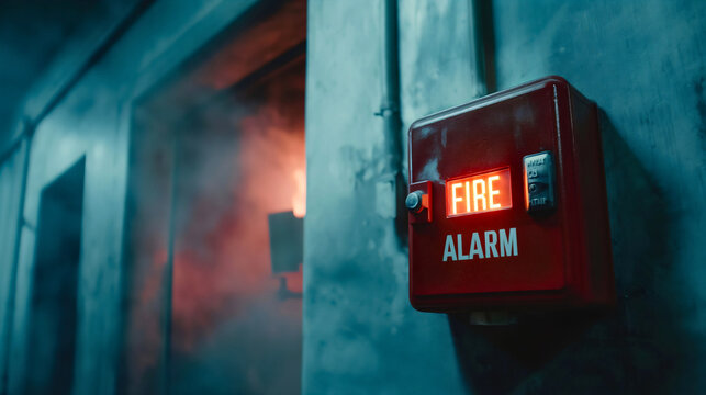 Red fire alarm box on the wall in case of emergency danger, to alert the security for evacuation and protection