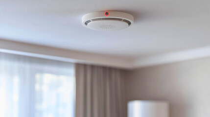 Closeup of the white smoke detector technology device placed on the ceiling in an empty room interior, daytime sunlight coming through the window. House security and safety system for emergency danger - obrazy, fototapety, plakaty