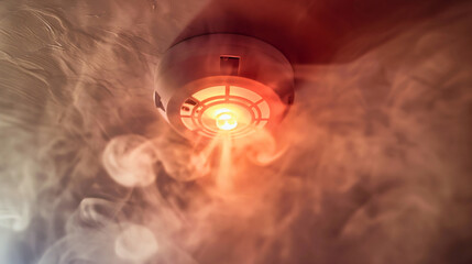 Closeup of the white smoke detector technology device placed on the ceiling in an empty room interior. House security and safety system for emergency danger and fire prevention, evacuation alarm - obrazy, fototapety, plakaty
