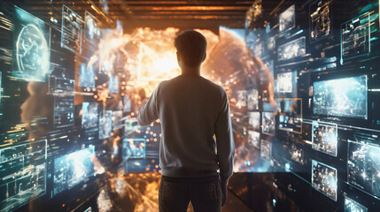 Young Man Entering 3D Cyberspace With Animated Social Media Interfaces, Online Video Games, Videos, Internet Content. Visualization Of male Enthusiast Surfing Computer Network,Multiple Digital Screens