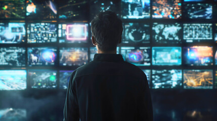 Young Man Entering 3D Cyberspace With Animated Social Media Interfaces, Online Video Games, Videos, Internet Content. Visualization Of male Enthusiast Surfing Computer Network,Multiple Digital Screens