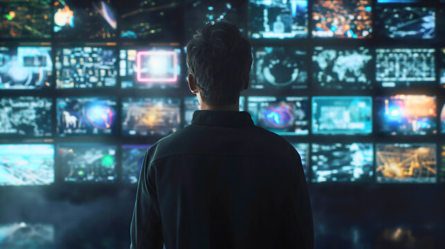 Young Man Entering 3D Cyberspace With Animated Social Media Interfaces, Online Video Games, Videos, Internet Content. Visualization Of male Enthusiast Surfing Computer Network,Multiple Digital Screens