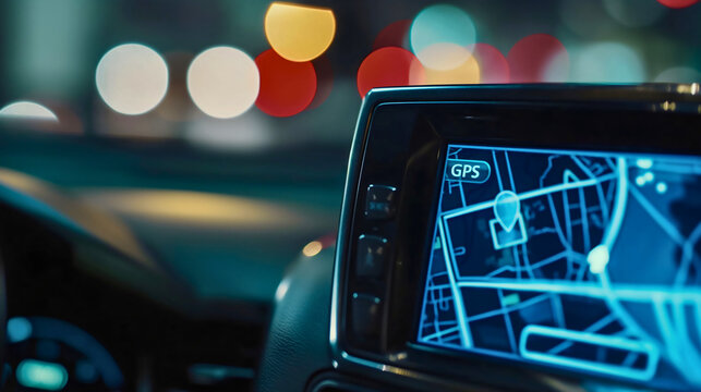 Closeup of the GPS or Global Positioning System on the small computer screen in the modern car interior. Automobile travel and transport on the road, city street navigation, satellite location device