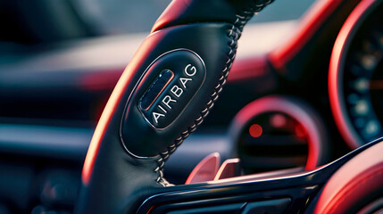 Text "Airbag" on the black steering wheel inside the modern sports car red interior. Automobile safety while driving or transport - Powered by Adobe