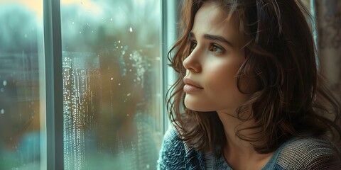 Young woman looking out window with sad expression contemplating negative thoughts. Concept Sadness, Contemplation, Portrait Photography, Emotions, Mood - obrazy, fototapety, plakaty