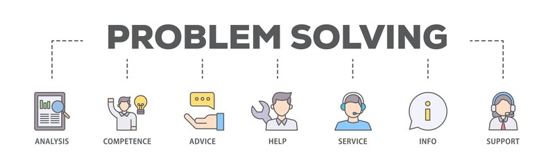 Problem solving banner web icon illustration concept with icon of analysis, critical thinking, creativity, emotional intelligence, research, team building  icon live stroke and easy to edit 