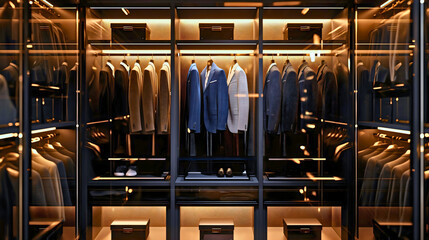 Luxurious room full of men's suit jackets hanging on the wooden clothes hanger in the wardrobe closet. Formal business wear, fashionable and classic male apparel collection