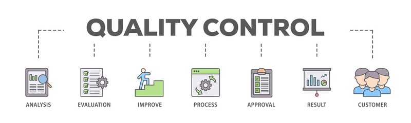 Quality control banner web icon illustration concept with icon of analysis, evaluation, improve, process, approval, result, and customer icon live stroke and easy to edit 