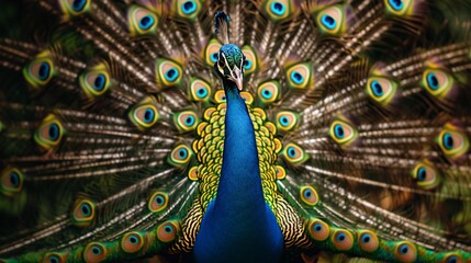 Obraz premium A peacock spreads its colorful tail feathers in a dazzling fan, showcasing its vibrant plumage and captivating beauty