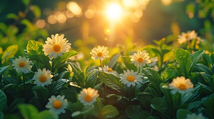 White daisies blooming with green foliage bathed in warm sunlight - Powered by Adobe