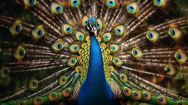 A peacock spreads its colorful tail feathers in a dazzling fan, showcasing its vibrant plumage and captivating beauty