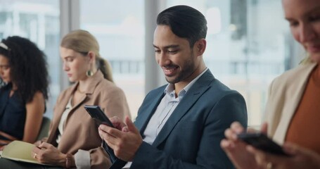Phone, interview or business people in waiting room for online application, sign up or recruitment registration. Hiring, smartphone or asian man in hr office line with app for job, search or survey