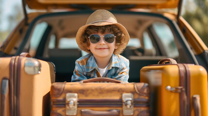 Happy little toddler boy wearing a straw hat, sunglasses and a tropical shirt, sitting in a car trunk on a sunny summer day, surrounded by suitcases, male preschool kid ready for family holiday travel