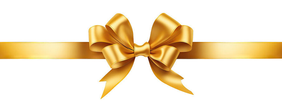 Decorative golden bow isolated on transparent background. Shiny gold satin ribbon. Wrapping element for Christmas gift, Valentine's, Father's and Women's day, birthday and party. Black friday