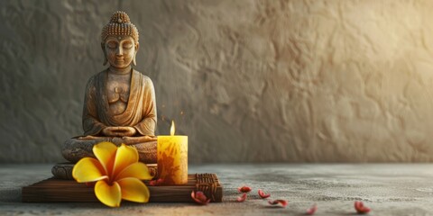 golden buddha with candle and yellow flower copy space concept for spa or meditation center Generative AI - obrazy, fototapety, plakaty