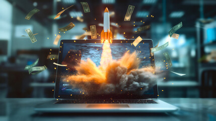 Rocket ship launching on the laptop or notebook display screen, placed on the table or desk in the office interior. Business startup concept, innovation and new creative idea, money flying around - obrazy, fototapety, plakaty