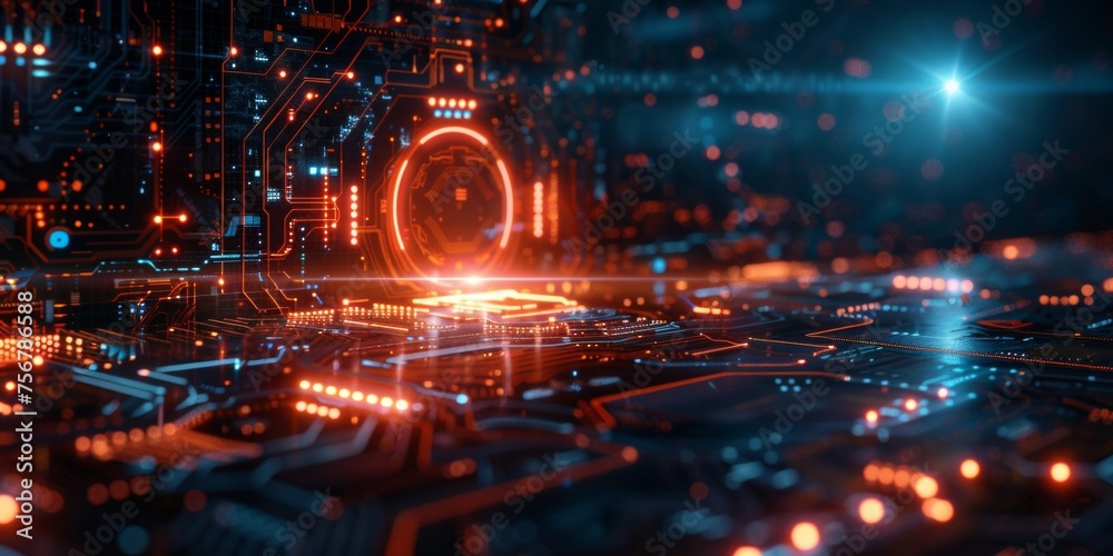 Wall mural a computer chip with a glowing red circle in the middle - stock background.
