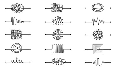 Messy arrow lines doodle set. Tangled scribble path, chaos mindset, different ways to solve problem, from simple to complex in sketch style. Hand drawn vector illustration isolated on white background