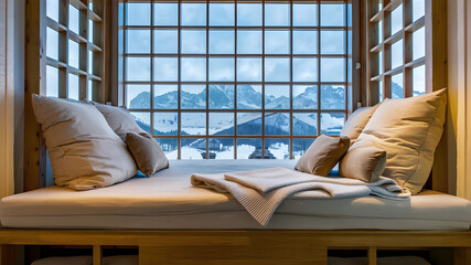 Wooden bench with beige pillows and blanket near panoramic grid window with stunning winter snow mountains view. Japanese style home interior design of modern living room in chalet. Generative AI