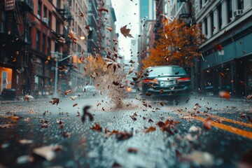 leaves flying in different directions on a city street