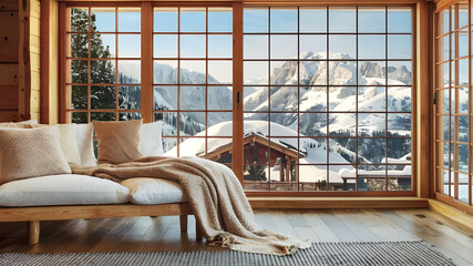 Wooden bench with beige pillows and blanket near panoramic grid window with stunning winter snow mountains view. Japanese style home interior design of modern living room in chalet. Generative AI