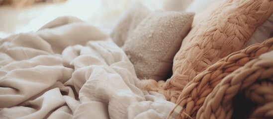 An image featuring a closeup of a cozy pile of blankets and pillows on a bed, perfect for snuggling up with your furry Canidae friend while enjoying comfort food