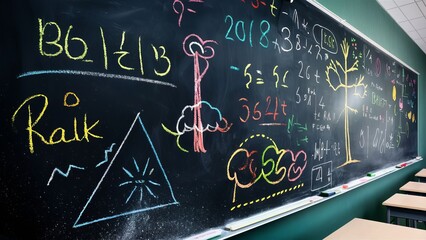 colorful chalkboard with creative drawings and mathematical equations - obrazy, fototapety, plakaty