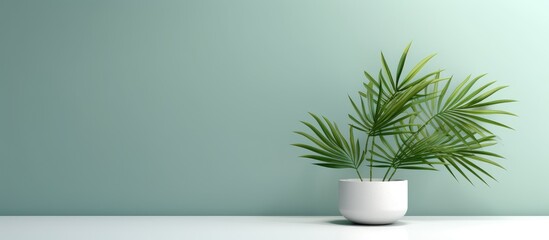 An evergreen houseplant in a flowerpot sits on a white rectangular table against a green wall, creating a peaceful indoor landscape