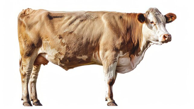 Large brown and white adult cattle isolated on a white background. Mature cattle photographed from the side. Cultivated adult cattle. Created with Generative AI.