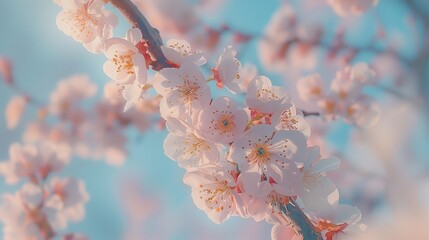 An exquisite abstract background showcasing the beauty of nature: macro shots of blooming apricot branches against a soft-focus, gentle light blue sky backdrop.