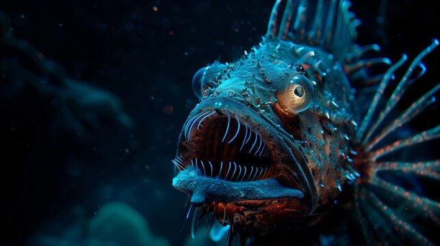 A close-up of a majestic anglerfish, its bioluminescent lure attracting prey in the dark depths of the ocean.