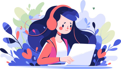 Woman wearing headphones peacefully working on laptop, simple trendy flat vector illustration.