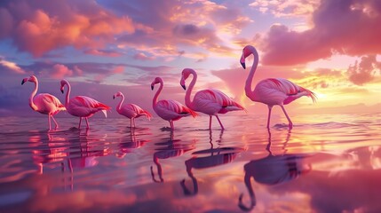 A flock of colorful flamingos wading gracefully through a shallow lake at sunset, their pink feathers reflecting the vibrant sky.