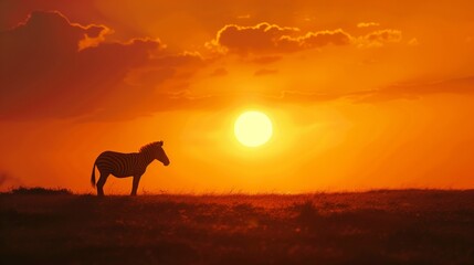 A lone zebra silhouetted against a fiery orange sunset on the vast African savanna.