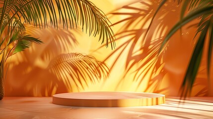 A luxurious podium adorned with palm leaves and featuring bold shadows against a pastel orange background