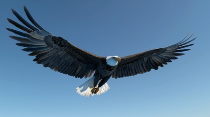 A majestic bald eagle soaring through a clear blue sky, its powerful wings outstretched, clutching a fish in its talons.