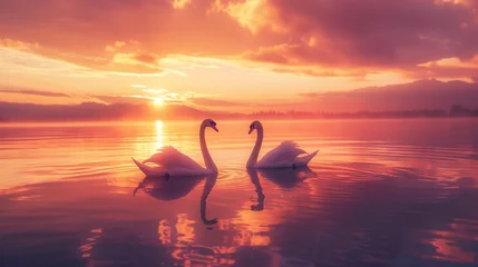 Zelfklevend Fotobehang A pair of graceful swans gliding across a serene lake at sunset. © Dave