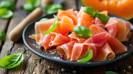 sliced melon and prosciutto, jamon, still life, Italian cuisine, food, restaurant, meal, meat, table, dish, serving, Spanish, southern, fresh, natural, tasty, delicacy - obrazy, fototapety, plakaty