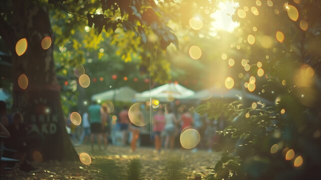 Blurred image of a daytime festival in a garden with bokeh
