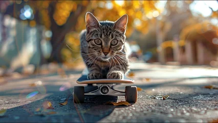 Schilderijen op glas Cat Skateboarding Adorable Housecat Pet Action Sports Meme © Suite Green Media