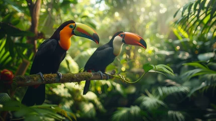 Gordijnen Colorful toucans perched on a lush branch in a tropical rainforest. © Dave
