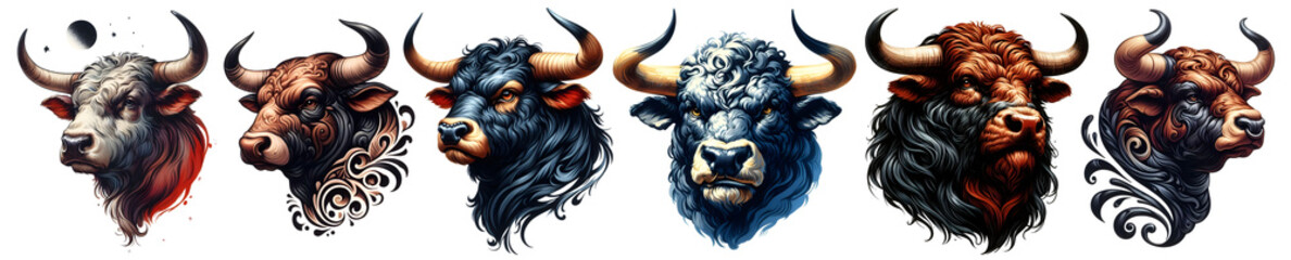 bull buffalo head face multiple angles hand drawn watercolor isolated png - obrazy, fototapety, plakaty
