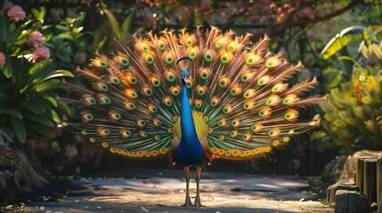 Colorful peacock displaying its vibrant plumage in a lush garden.