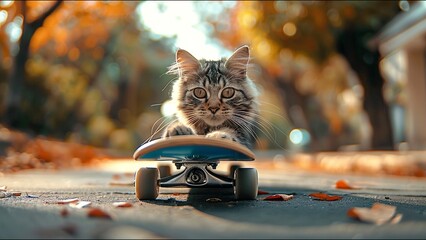 Cat Skateboarding Adorable Housecat Pet Action Sports Meme - obrazy, fototapety, plakaty