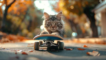 Abwaschbare Fototapete Cat Skateboarding Adorable Housecat Pet Action Sports Meme © Suite Green Media