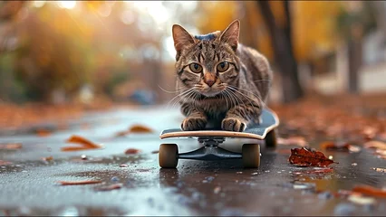 Zelfklevend Fotobehang Cat Skateboarding Adorable Housecat Pet Action Sports Meme © Suite Green Media